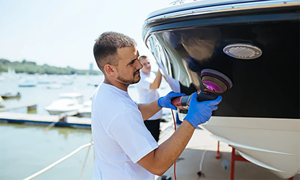 Jose finishing the bi-monthly waxing and detailing of the "Sublime Grace"